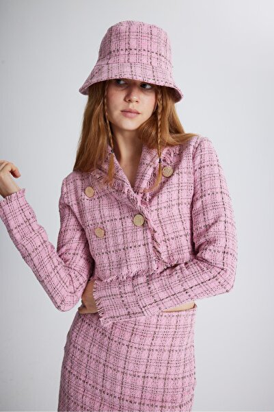 HOLLY LOLLY Tweed Fabric Crop Tweed Jacket Pink