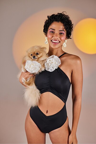 HOLLY LOLLY Μαγιό Premium Bloom Μαύρο με αφαιρούμενη Floral Λεπτομέρεια