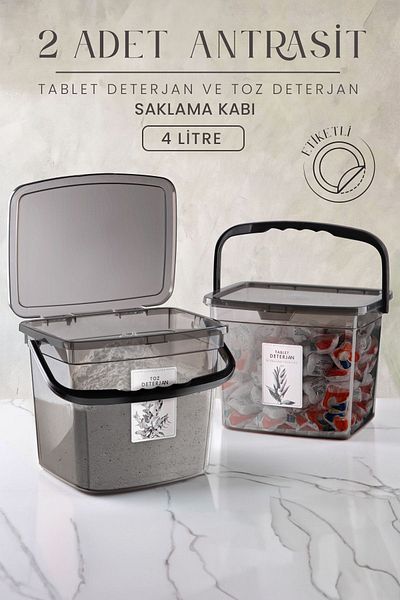 Kitchen Life 4 Liter Mega Size 2-Piece Square Powder Tablet Box - With Handle and Detergent Storage Set