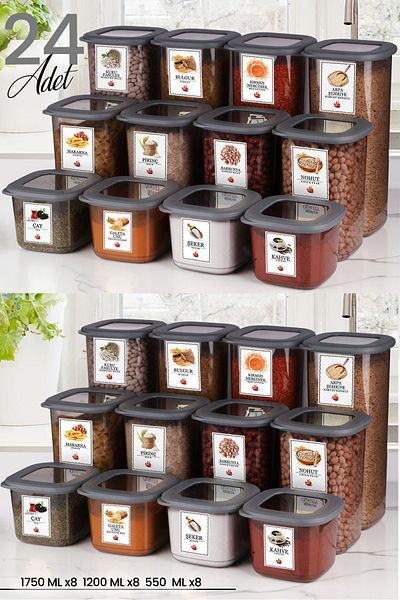 Kitchen Life 24-Piece Silicone Lid Labeled Square Food Storage Container Set X8 (550ML-1200ML-1750 ML) Non-Breathable