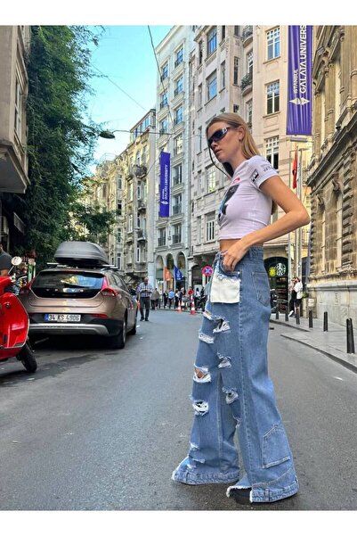 Alien 1979 Yırtmaç Detaylı Bol Kesim Mavi Yıkamalı Kot Pantolon