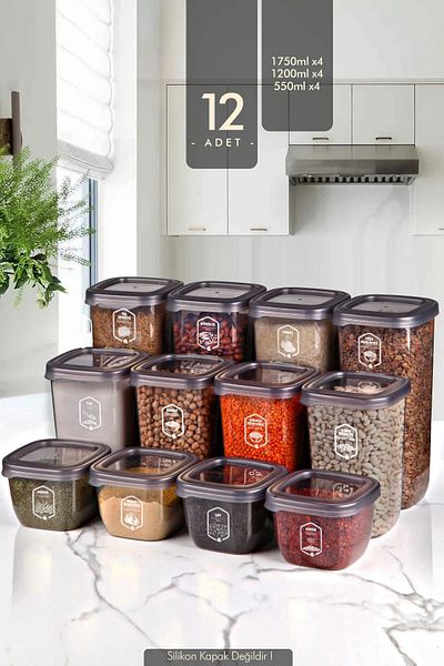 Kitchen Life Set of 12 Square Square Food Storage Container with Label X4(550ML-1200ML-1750ML) Jar with Hard Lid