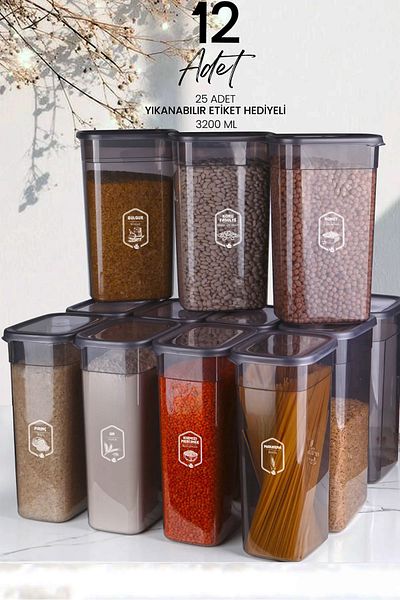 Kitchen Life Set of 12 Mega Size Labeled Rectangular Food Storage Container 3200ml Tea Candy Storage Container 3.2 Liters