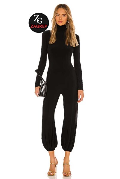 Zagrep Women's Black Half Turtleneck Zippered Silk Jersey Jumpsuit