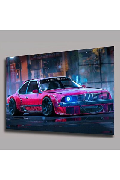 Exela Kırmızı BMW Spor Otomobil Tablosu - Neon Işıklı Gece Sürüşü - Dekoratif...