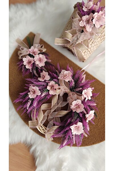 Serçeden Lavanta& Şebboy Çiçekli Bambu Çelenk Kapı Süsü- Paspas -sepet 3 Lü Takım