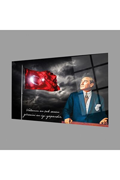 Exela Atatürk Yatay Cam Tablo Hediyelik Büyük Tablo Ev Ofis Dekoru