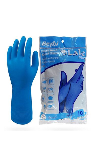 Beybi Tulip Plus Blue Food-grade Rubber Gloves with Cotton Lining No: 7 5 Pairs
