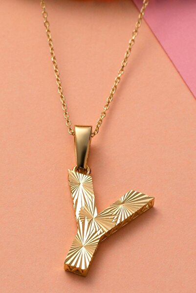 MOOM MÜCEVHERAT Kadın 14 Ayar Altın Harf Kolye Y Harfi Altın Kolye Zincirli K...