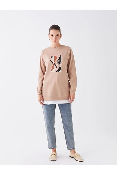 LC Waikiki Lcwaikiki Light Brown Crew Neck Printed Women's Tunic Sweatshirt - Long Sleeve