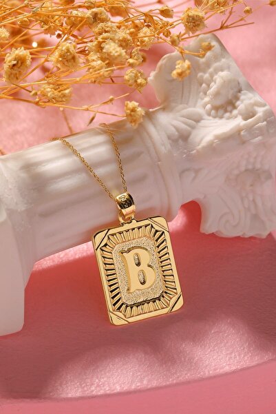 MOOM MÜCEVHERAT Kadın 14 Ayar Altın Kare Harf Kolye B Harfi Altın Kolye Zinci...