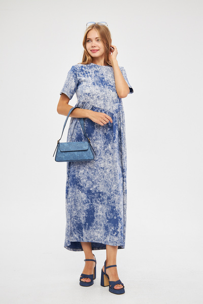 Avones Rochie maxi cu maneca scurta Cupra - Efect de spalare cu acid si adunat