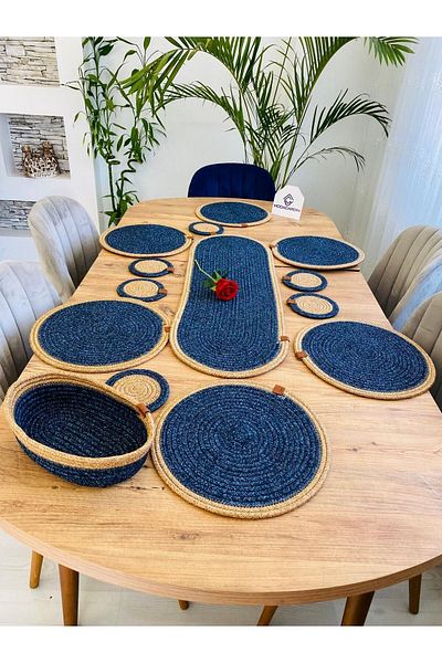 JÜTEX HOME Комплект подложки от слама от юта от 14 части - плъзгач, кошница и поставка за чаша