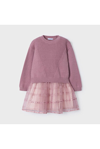 MAYORAL Kız Çocuk Üstü Triko Kazaklı Ekose Tüllü Elbise Pembe L25K4912