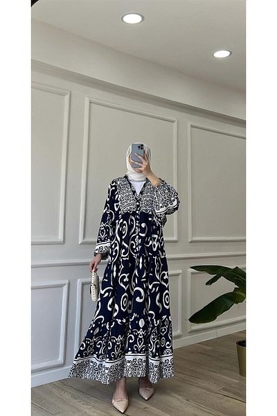 Tebessüm Life Navy Blue Premium Fabric Patterned Viscose Dress