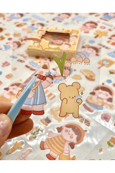 Kağıt Gemi Dükkan Sevimli Kız Ayıcık Sonbahar 100 Yaprak 500 Adet Mini Kutu Şeffaf Pet Sticker Seti/Etiket/Çıkartma