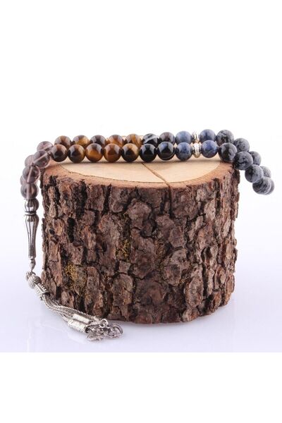 OSMANLI DOĞAL TAŞ Sertifikalı Oğlak Burcu 33'lük Tesbih 8 Mm Dumortierit-obsidyen-kaplan Gözü-göz Akik-dumanlı Kuvars