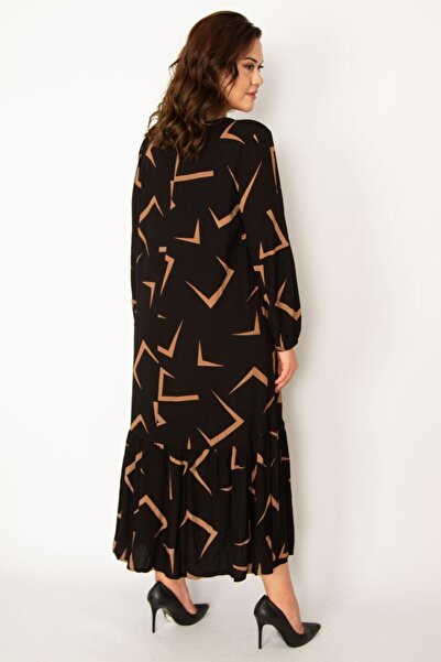 Şans Női nagy méretű barna szőtt viszkóz szövet szegélyvonalas lépcsőzetes hosszú ujjú ruha 65n33526