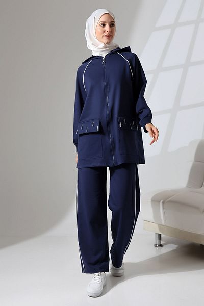 Mihran Butik Γυναικείο Hijab Navy Blue - Αθλητικό και άνετο εποχιακό χτενισμένο βαμβακερό σετ