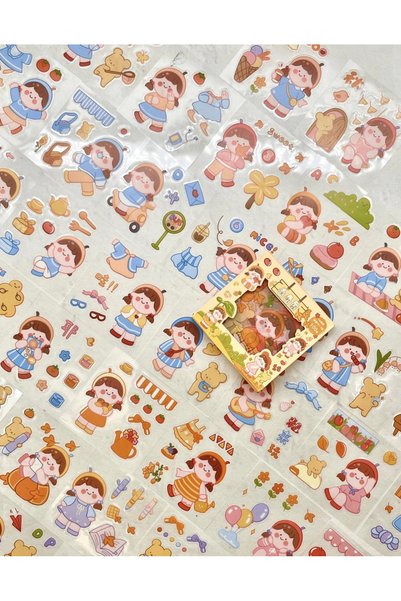 Kağıt Gemi Dükkan Sevimli Kız Ayıcık Sonbahar 100 Yaprak 500 Adet Mini Kutu Şeffaf Pet Sticker Seti/Etiket/Çıkartma