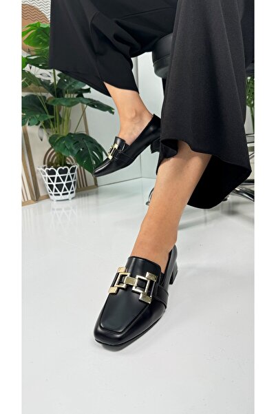 Nstil Чорні жіночі мокасини з пряжкою та строчкою на шнурівці з коробчастим носком 700