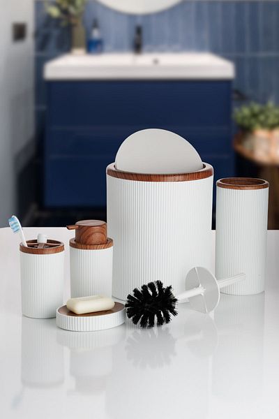 okacih 5 Piece Luxury Bathroom Set Striped Round Dustbin Toothbrush Holder Soap Dish Brush Set