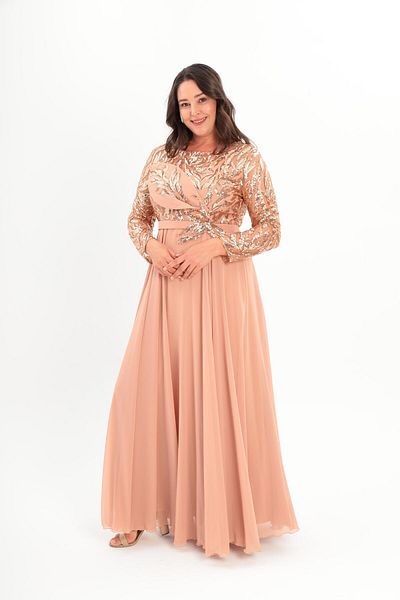 Robes Wide Cut Sequin Embroidered Plus Size Evening Dress - Long Sleeve and Motif Skirt