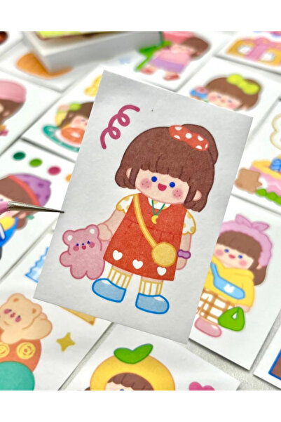 Kağıt Gemi Dükkan Cute Girl and Tulip 50 Sheets Turquoise Notebook Sticker / Sticker / Bullet Journal / Notebook Embellishment