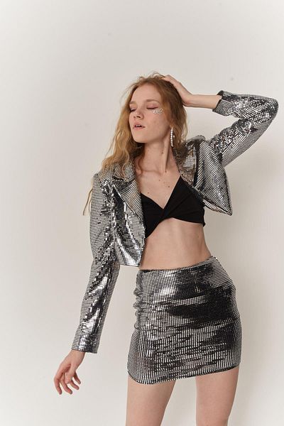 HOLLY LOLLY Crop Model Long Sleeve Glammy Jacket Silver