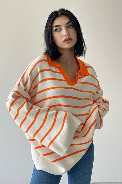 WOMAN VISION Oversize Striped Knitwear Women's Sweater - Shirt Collar 196