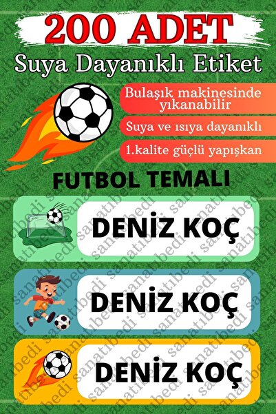sanatıbedi 200 Adet Suya Dayanıklı Futbol Temalı Kişiye Özel Okul Etiketi - K...