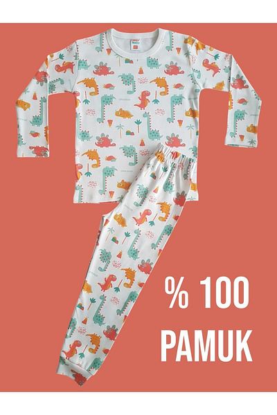 Çamaşır Bahçesi Patterned Children's Long Sleeve Pajama Set - # Printed Children's Pajamas # Laundry Garden # Dinosaur Patterned