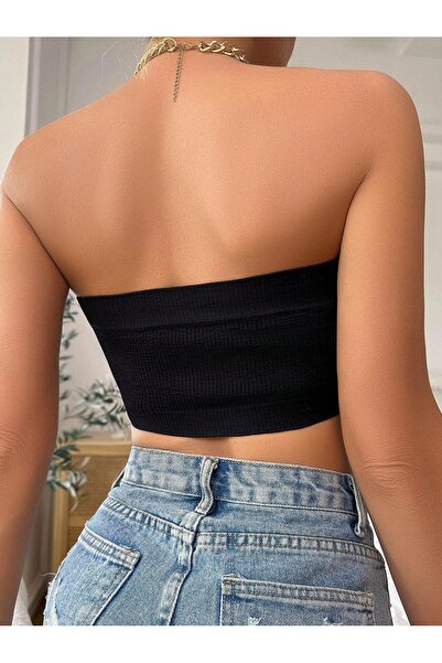 Fancy&Dancy Women's Ribbed Knit Fabric Black Strapless Neckline Stylish Crop