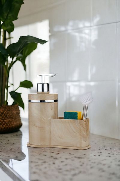 okacih Marble Patterned Container Liquid Soap Dispenser Kitchen Bathroom Detergent Dispenser Brush Sponge Not Included