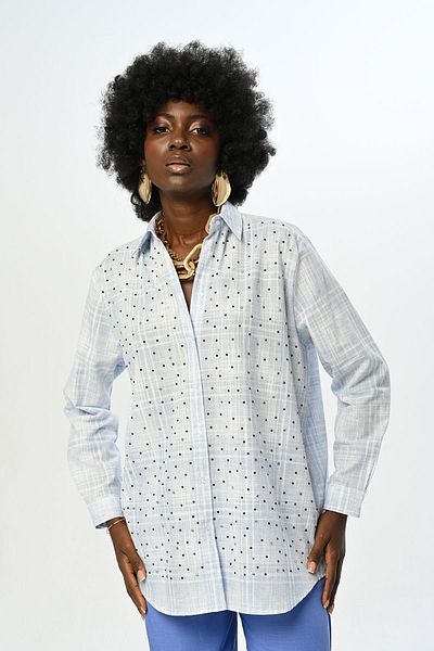 Orfeo Negro Cămașă oversize cu model în carouri albastru deschis - brodat cu piatră