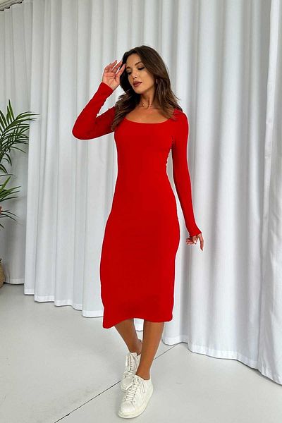 Mine Tan Butik Red Basic Women's Dress - Long Sleeve, Square Collar