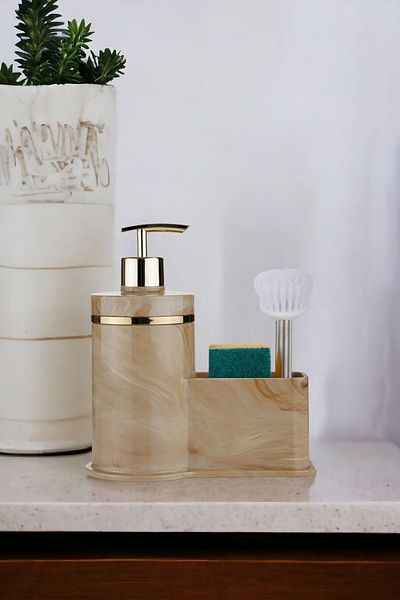 okacih Marble Patterned Container Liquid Soap Dispenser Kitchen Bathroom Detergent Dispenser Brush Sponge Not Included