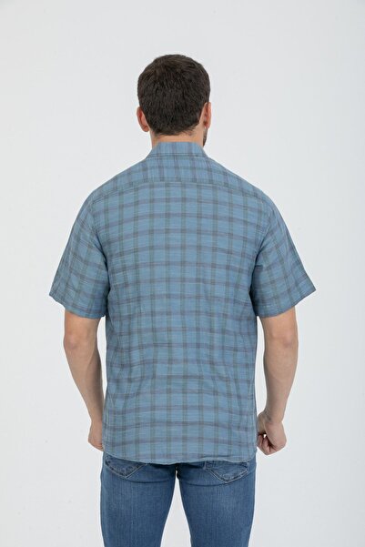 Varetta Чоловіча синьо-зелена сорочка з короткими рукавами, кишенями, коміром на ґудзиках, з бавовняної тканини