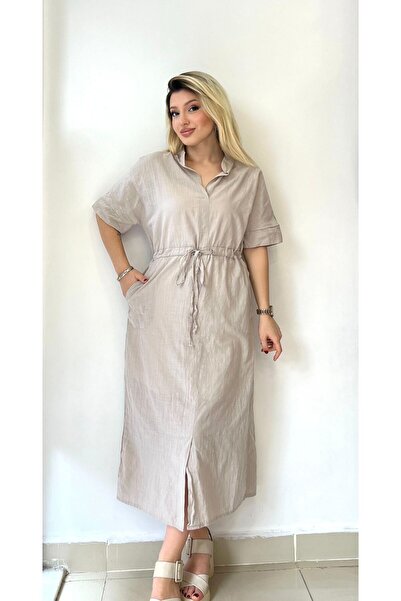 LADY RIVSD Bej, %100 Pamuk, Beli İp Bağlamalı, Cepli Elbise