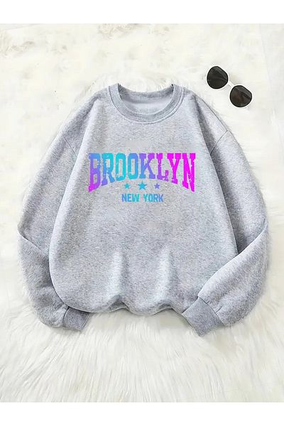 PALPİTO Hanorac oversize pentru femei, gri, cu imprimeu Brooklyn, cu 3 stele - decolteu