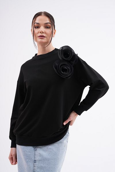 Pulli Collection Νέα σεζόν μαύρη μπλούζα με ροζ καρφίτσα