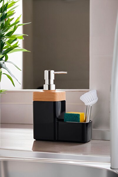 okacih Countertop with Bamboo Lid Reservoir and Liquid Soap Dispenser - Kitchen and Bathroom Detergent Holder Brush
