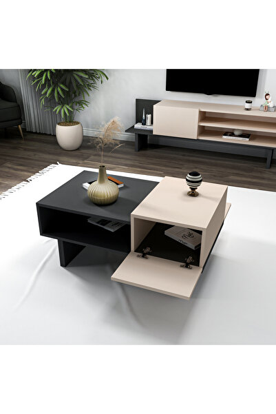 ARNETTİ Palermo Raflı Kapaklı Modern Orta Sehpa Salon Sehpası, Bej Antrasit - Palermo