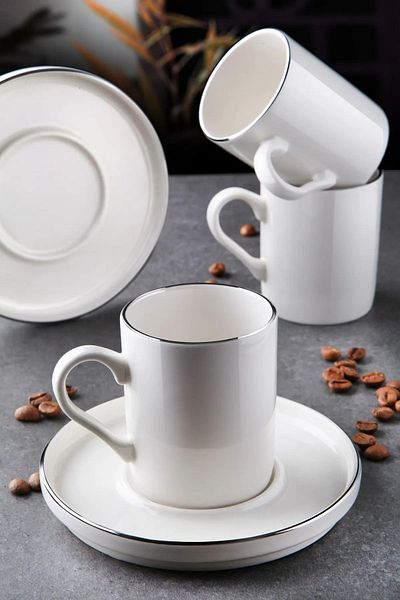 WuuQ White Porcelain Platinum Silver Gilt 4 Piece Coffee Cup Set for 2 People - 100 Ml