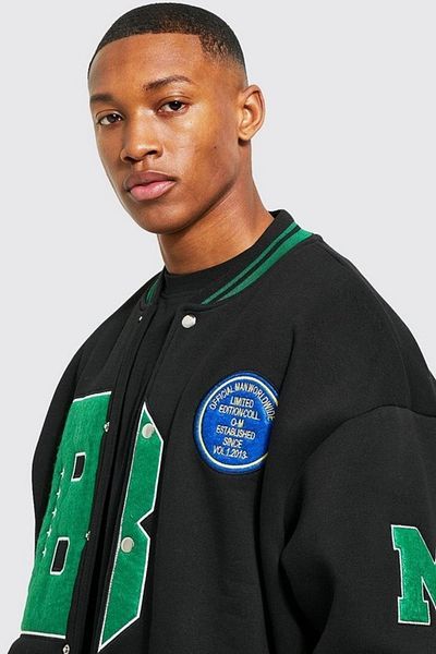 NEWLAKER Unisex Μαύρο Oversize Bomber College Jacket - B Κεντημένο με κεντήματα