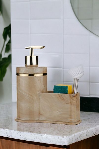 okacih Marble Patterned Container Liquid Soap Dispenser Kitchen Bathroom Detergent Dispenser Brush Sponge Not Included