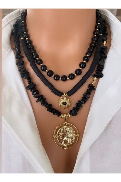 Trend Jewellery 3 KOLYE Altın Kaplama Doğal Taş Siyah Oniks Altın Kaplama Antik Kolye Ucu Tasarım Kadın Kolye