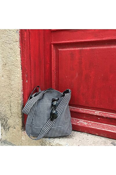 Sumicorn Design Siyah Pötikareli Çevre Dostu Bez Çanta,cepli Keten Kol Ve Omuz Çantası,unisex Alışveriş Çantası