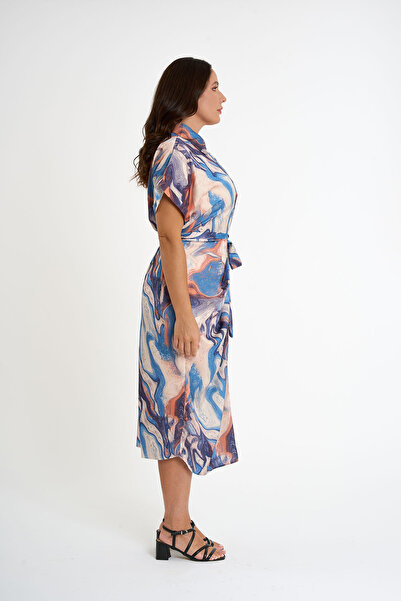 HANIQA Rochie cămașă cu șnur din satin albastru pentru femei 3216