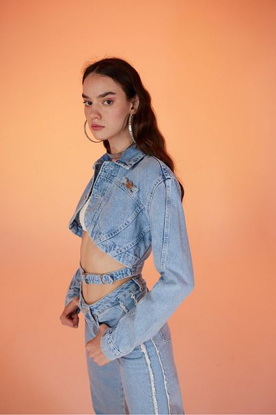 HOLLY LOLLY Model Crop Închidere cu nasturi Curea Detaliată Jachetă de blugi Biana Albastru
